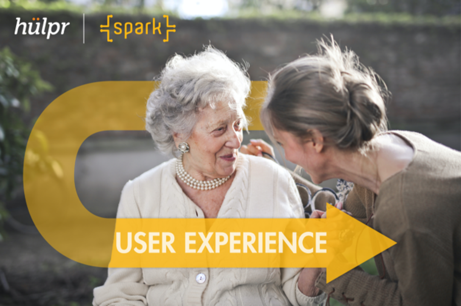 The hulpr and Spark logos appear side by side in the top corner. The photo shows an elderly woman smiling with another younger woman.
